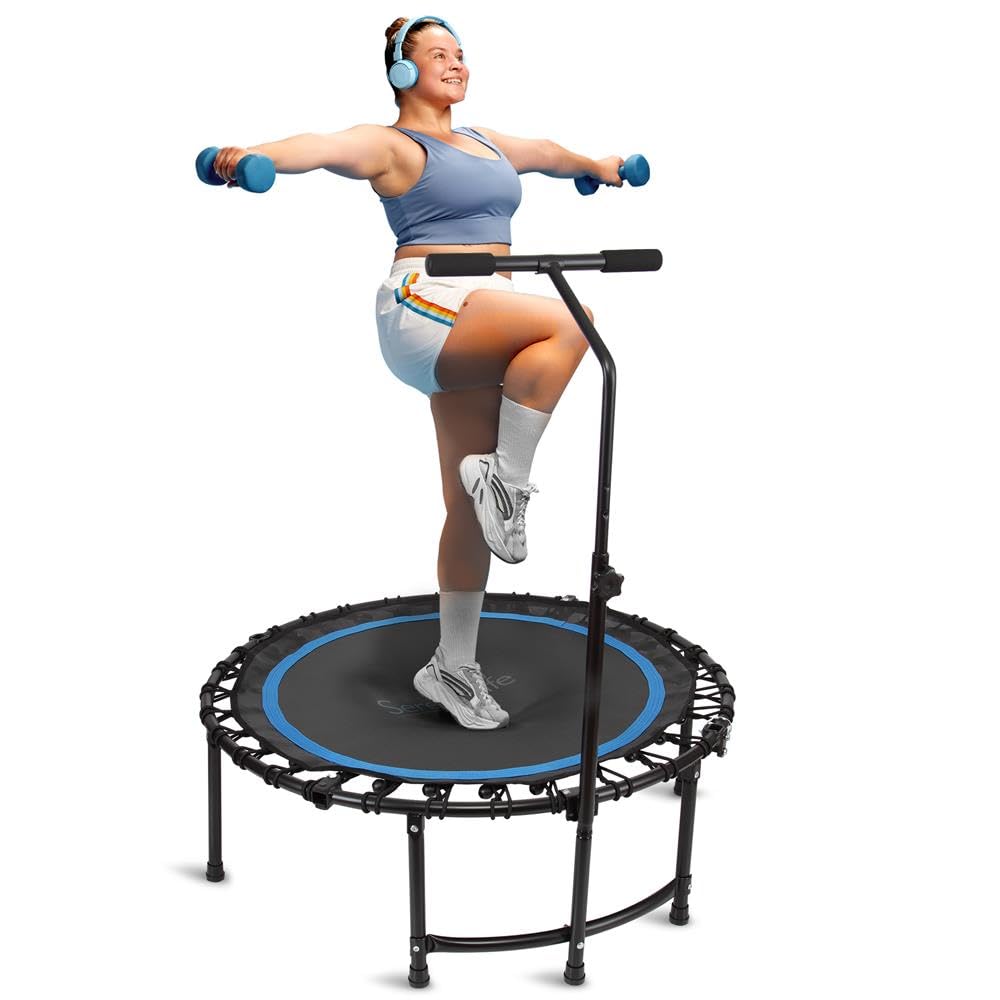 SereneLife 40/48" Foldable Mini Trampoline - Compact Fitness Trampoline for Kids Adults, Exercise Bungee Rebounder with Adjustable Foam Handle, Indoor/Garden Workout Equipment, Max Load 264 lbs