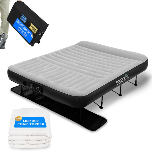 SereneLife Inflatable Air Bed with Frame - Auto Inflating Air Mattress with Built-in Pump, Memory Foam Cover, Self-Deploying Frame, Ideal for Guests, Camping & RV, Easy Carry Case, Queen 80" x 62"