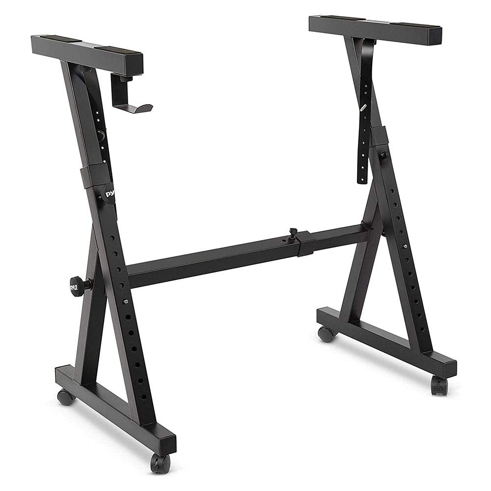 Pyle Port Universal Electronic Black Heavy-Duty Z Style Keyboard Organ Holder Rack Portable Piano Stand W/Adjustable Height and Width, Locking Wheels PKST48