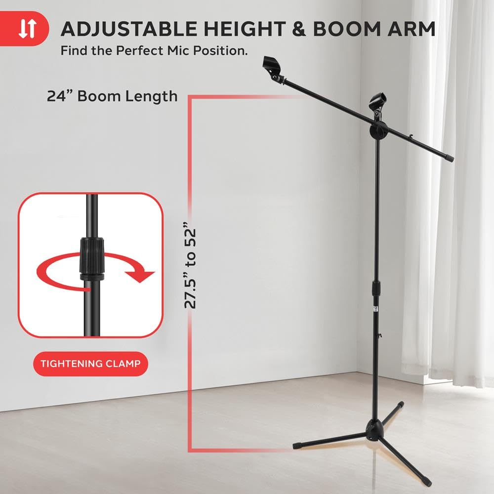 Pyle Universal Adjustable Tripod Microphone Stand - Pair of Heavy Duty Lightweight Professional Compact Extendable Stage Studio Floor Standing Boom Mic Holder w/ Carry Bag, 5/8" Adapter - PMKSKT35