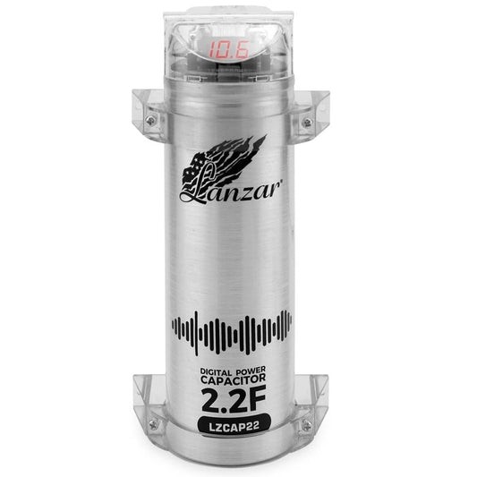 Lanzar 2.2 Farad Digital Power Capacitor, High-Performance Car Audio Accessory with Blue Digital Display Voltage Readout and LED Flash, Over Voltage Protection, Mounting Hardware, DC 12-24V