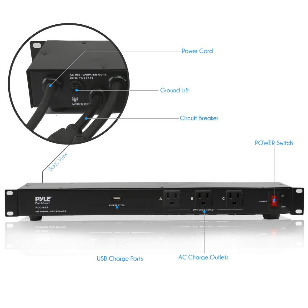 Pyle 19-Outlet 1U Rackmount PDU Power Distribution Unit - 15 Amp Surge Protector - USB Charging Port - Ground Lift - Circuit Breaker - 15FT Cord - 3 Front AC Outlets - 16 Rear Power Cables - PCO860