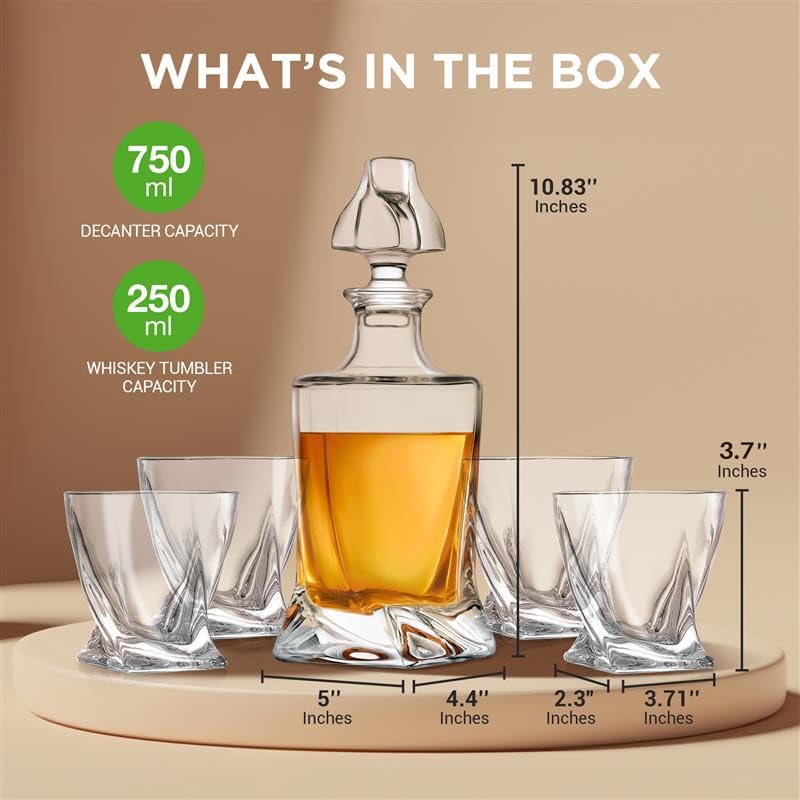 NutriChef Whiskey Decanter Set - Elegant Crystal Glass w/ Four 750ml BPA-Free Glasses - Naturally Aerates & Separates Whisky Sediment - Easy To Clean, Dishwasher Safe