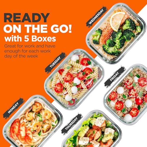 NutriChef 10-Piece Glass Food Storage Containers Set – (5 BPA-Free Airtight Meal Prep Containers with 5 Vented Locking Lids), Stackable & Oven Safe, Leakproof, Reusable, Freezer & Microwave Friendly