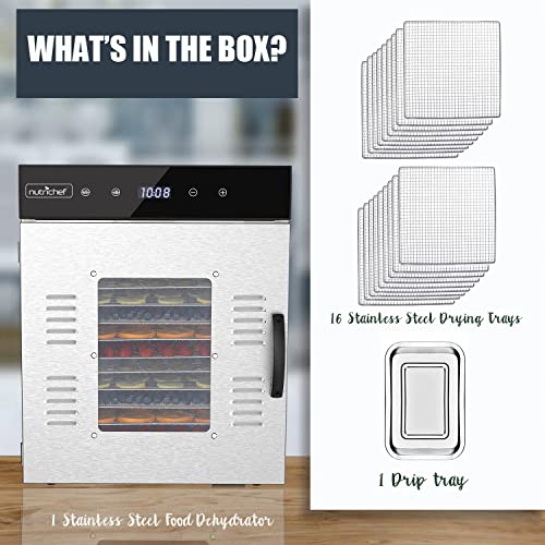 NutriChef Commercial Electric Food Dehydrator Machine - 16 Shelf Extra Large Capacity - Stainless Steel Trays - 1500-Watts, Digital Timer & Temperature Control - 18.58 x 19.10 x 24.88 IN