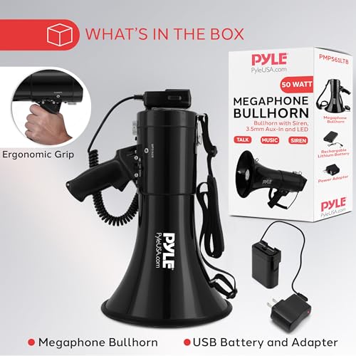 Pyle 50W Portable Megaphone Bullhorn Speaker with Microphone, 1200 Yard Range for Indoor/Outdoor Use, Alarm Siren & Adjustable Volume for Cheerleading Fans, Coaches or Safety Drills