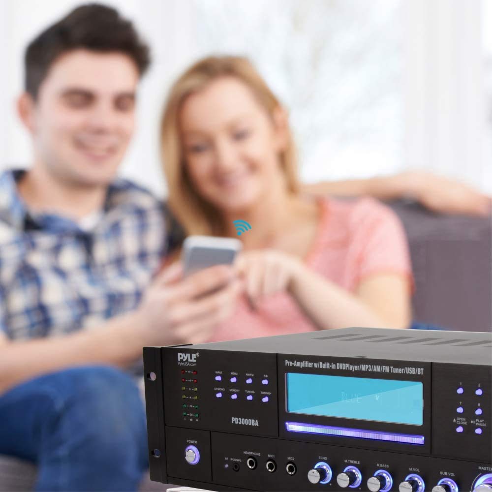 Pyle 4 Channel Wireless Bluetooth Amplifier - 3000W Peak Stereo Audio Receiver FM Radio - USB - 2 Mic Inputs w/ Echo - HDMI - 24-Bit Decode - CD/DVD - Subwoofer Output - LED - Rack Mount - PD3000BA