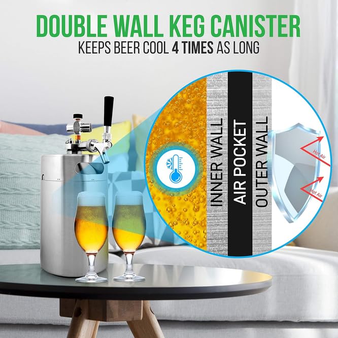 NutriChef Pressurized Growler Tap System, 128oz Double-Walled Stainless Steel Mini Keg Dispenser Portable Kegerator Kit, Co2 Pressure Regulator Keeps Carbonation for Craft Beer, Draft and Homebrew