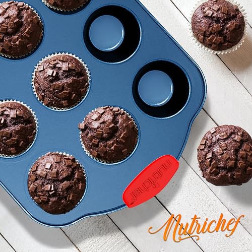 NutriChef 10-Piece Nonstick Bakeware Set - Premium Carbon Steel Baking Pans w/Silicone Handles - Includes Pizza Tray, 12 & 24 Cup Muffin Pans, Cookie Sheets, Round & Square Pans, Loaf Pan - Blue