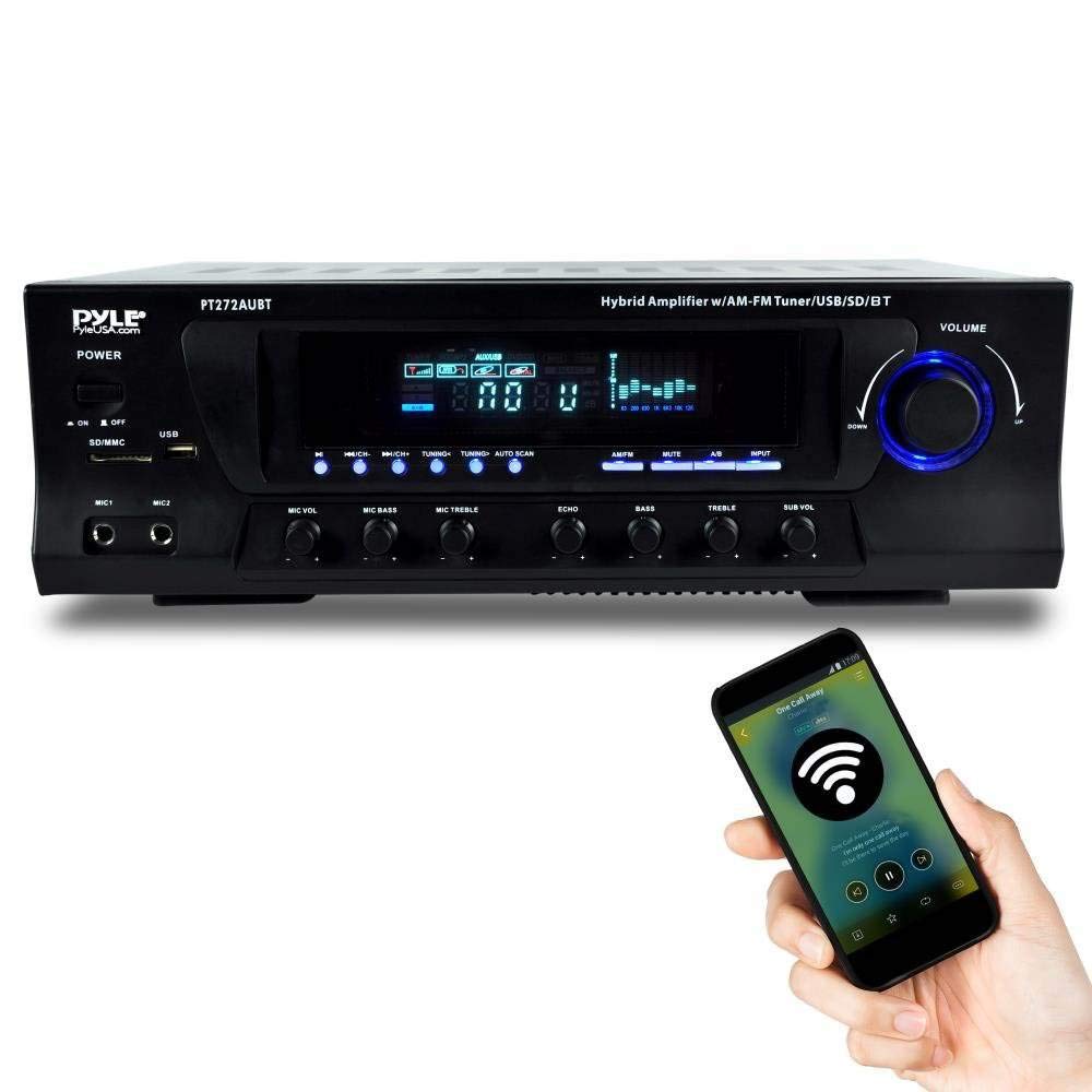 Pyle Wireless Bluetooth Audio Power Amplifier - 300W 4 Channel Home Theater Stereo Receiver with USB, AM FM, 2 Mic IN with Echo, RCA, LED, Speaker Selector, For Studio, Home Use, Black - PT272AUBT