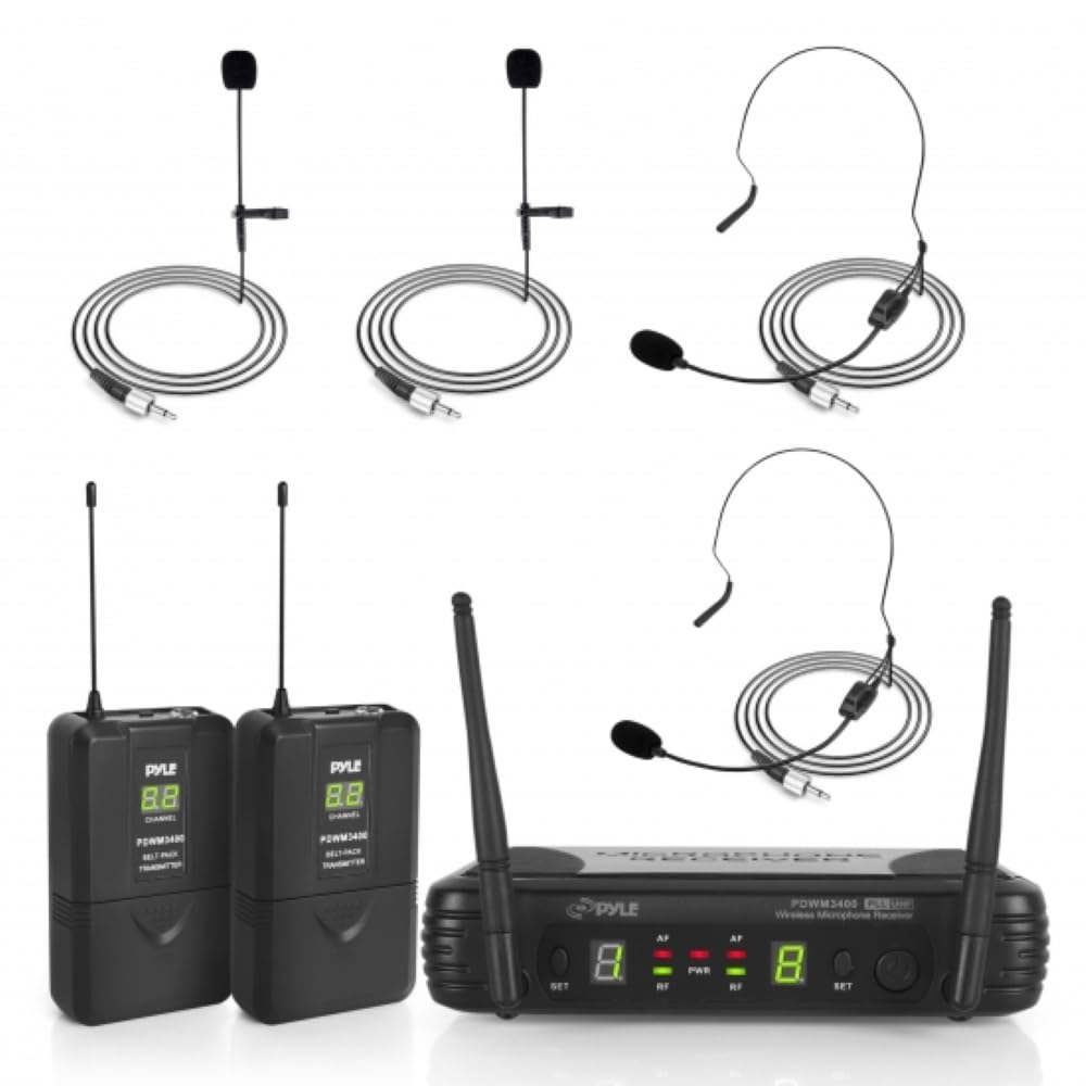 Pyle 2 Channel Wireless Microphone System - Portable UHF Digital Audio Mic Set with 2 Headset, 2 Lavalier lapel, 2 Transmitter, ¼’’ cable, power adapter - For Karaoke, PA, DJ, - PDWM3400,Black