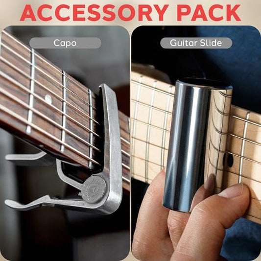 Pyle 4 String 2 Piece Accessory Kit Premium Zinc Metal Capo & Steel Slide for Acoustic Guitar PGA500SLD