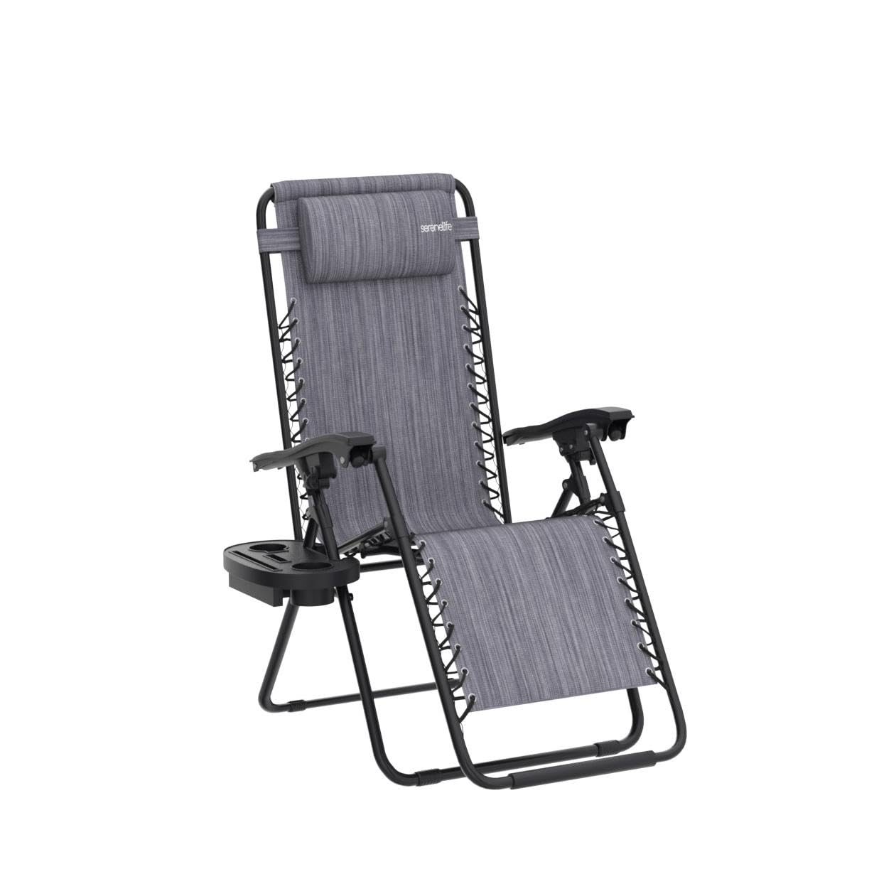 SereneLife Zero Gravity Chairs Set of 2 - Adjustable Steel Mesh Lawn Chairs - Outdoor Lounge Chairs with Detachable Cup Holder Tray - Foldable Outdoor Chair with Removable Pillows - Grey