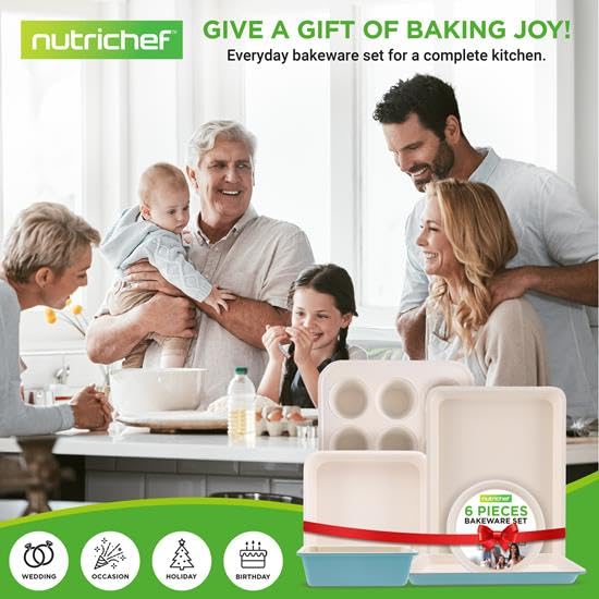 NutriChef 6-Piece Baking Pan Set, Carbon Steel Bakeware with Premium Ceramic Nonstick Coating, Includes 12-Cup Muffin Pan, Cake & Loaf Pan, Wide Bake Pan, & Cookie Sheet - Turquoise
