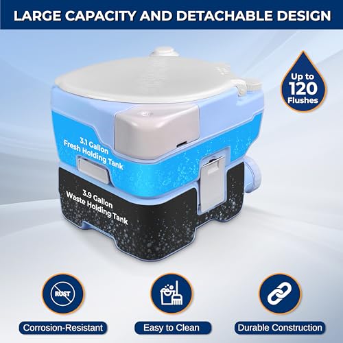 SereneLife Moonwhite 15L Travel Toilet for Camping & RV - Extra-Large Leak-Proof Seat, Hand Sprayer, Funnel, Full Flush & Phone Slot - Ideal Travel Potty for Adults, Campsites, Boats & Road Trips
