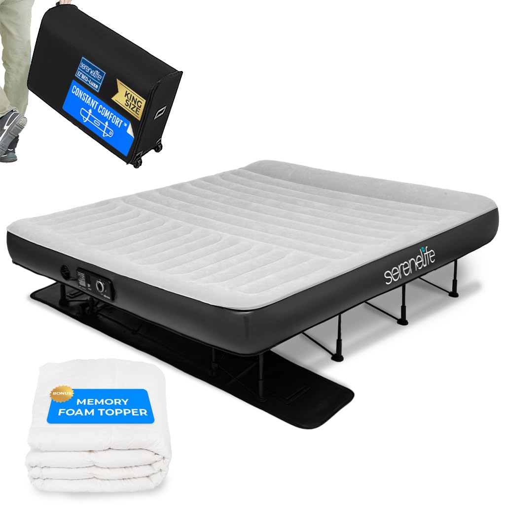 SereneLife Inflatable Air Bed with Frame - Auto Inflating Air Mattress with Built-in Pump, Memory Foam Cover, Self-Deploying Frame, Ideal for Guests, Camping & RV, Easy Carry Case, Queen 83" x 73"