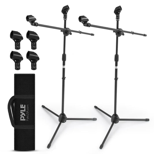 Pyle Universal Adjustable Tripod Microphone Stand - Pair of Heavy Duty Lightweight Professional Compact Extendable Stage Studio Floor Standing Boom Mic Holder w/ Carry Bag, 5/8" Adapter - PMKSKT35