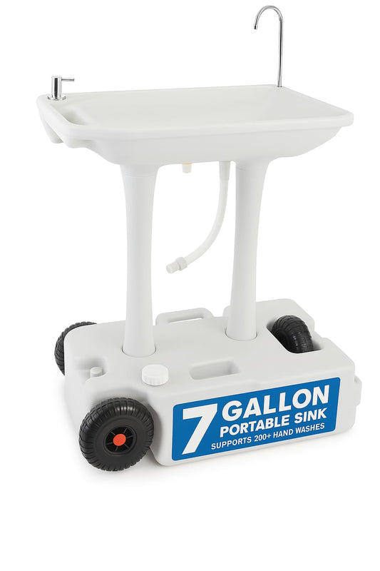 SereneLife Portable Camping Sink with 30L (7+ Gallon) Built-In Water Tank, Large Wheels, Hands-Free Foot Pump, Extra-Large Basin, and 5L Soap Dispenser – Ideal for Outdoors, Camping, and Worksites