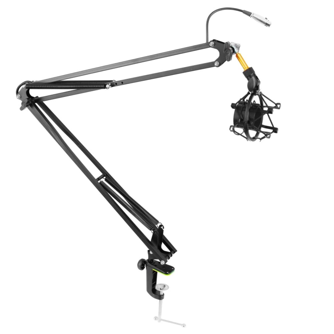 Pyle Suspension Microphone Boom Arm Stand, Adjustable Desktop Scissor Mic Stand with Shock Mount, 5/8-Inch Mic Adapter, XLR Audio Cable, Clamp Mount Base for Blue Yeti - Podcast, Radio & DJ Studio Use