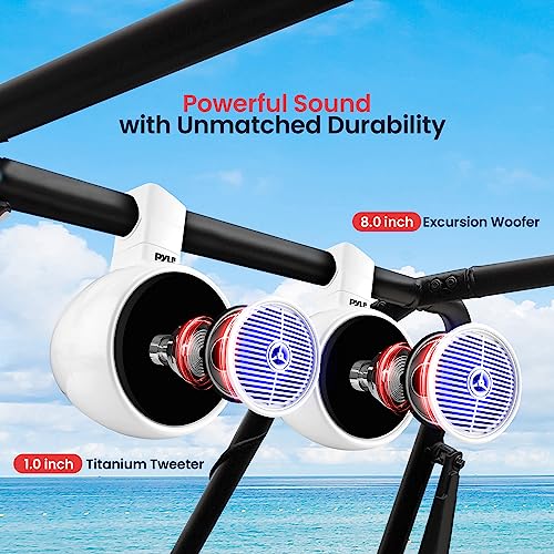 Pyle Bluetooth Waterproof Off-Road Speakers - 8” 300W 2-Way Marine Wakeboard Tower Sound System w/LED Light, Full Range Outdoor Stereo Speaker for Car ATV UTV, Jeep, Boat, Includes Brackets (White)