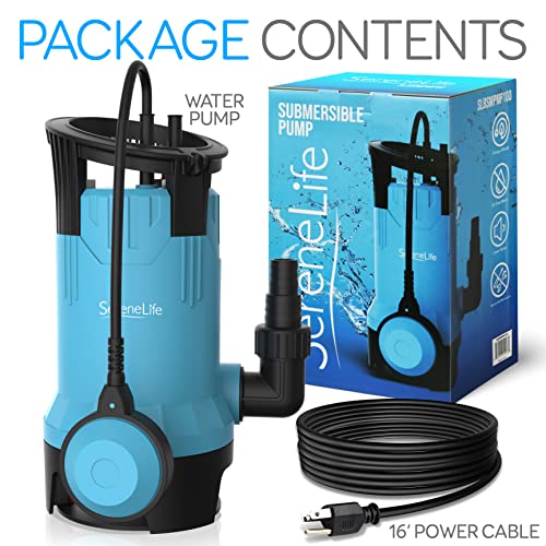 SereneLife 1HP Sump Pump Submersible, 3300GPH Water Pump for Pool Draining with Auto Float Switch, 3pc Adapter Set for USA Garden and Flat Hose, 16ft Cord, Clean Dirty Water, Yard, Pool, Tub, Pond