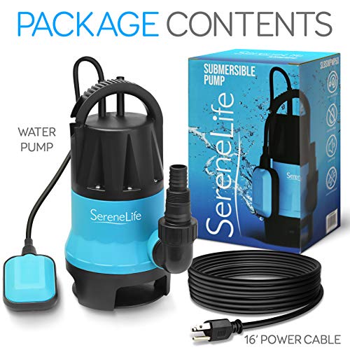 SereneLife 1/2HP Sump Pump Submersible, 1980GPH Water Pump for Pool Draining with Auto Float Switch, 3pc Adapter Set for USA Garden and Flat Hose, 16ft Cord, Clean Dirty Water, Yard, Pool, Tub, Pond