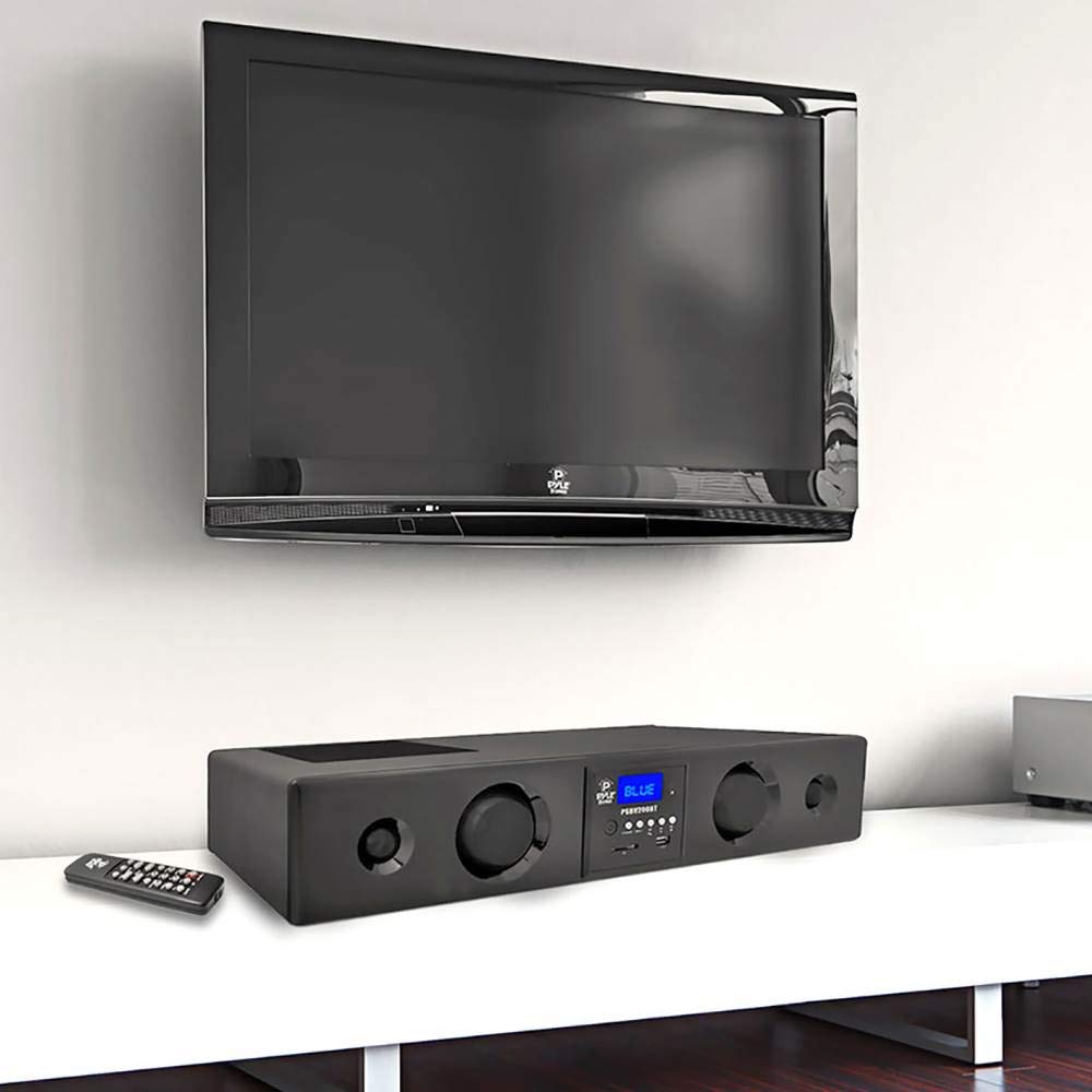 Pyle 3D Surround Bluetooth Soundbar - Sound System Bass Speakers Compatible to TV, USB, SD, FM Radio with 3.5mm AUX Input , Remote Control, For Home Theater - PSBV200BT,Black