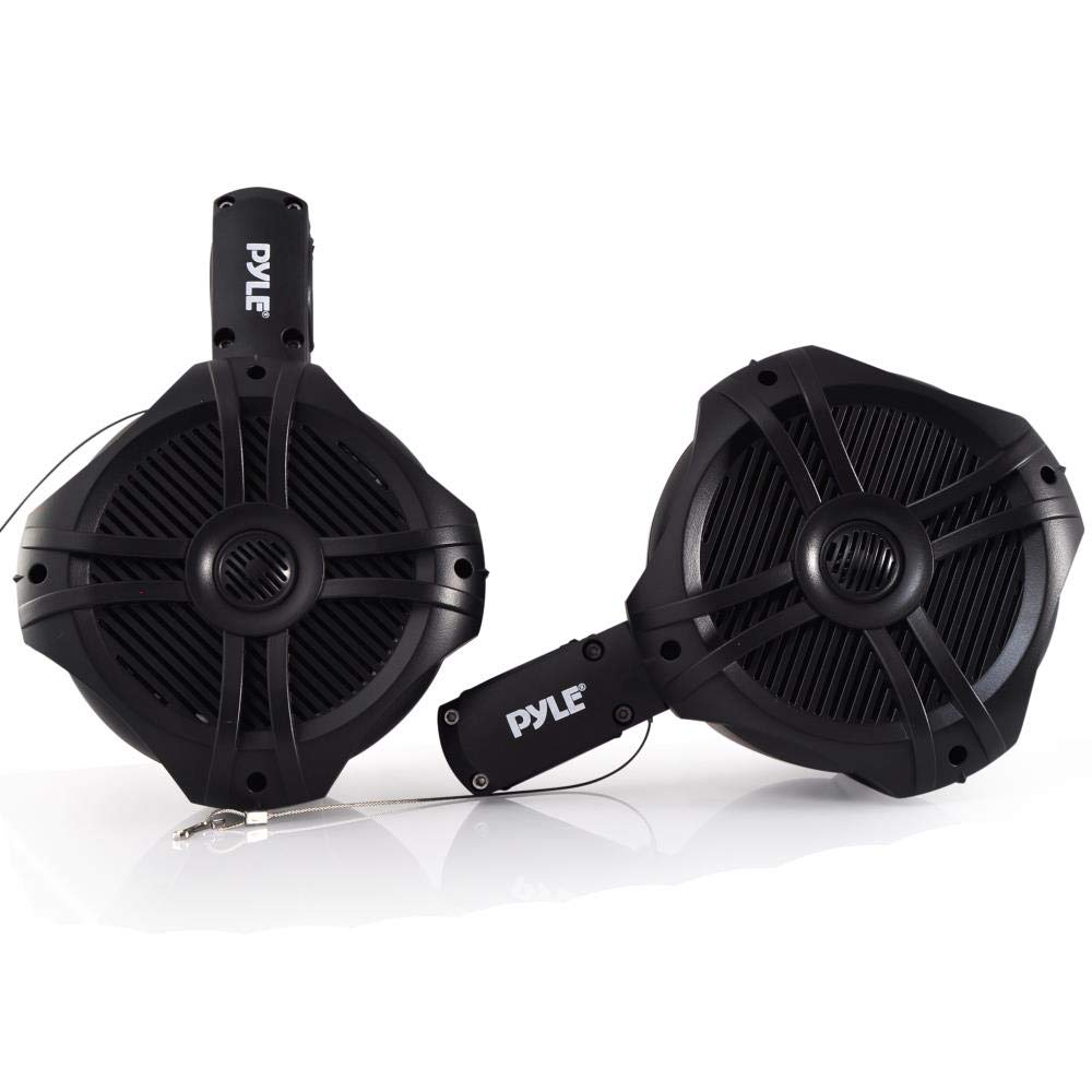 Pyle Waterproof Marine Wakeboard Tower Speakers - 6.5” Dual Subwoofer Speaker Set and 1.0” Tweeters, LED Lights and 200 Watt Power - 2-way Boat Audio System with Mounting Bracket - PLMRWB65LEB (Black)