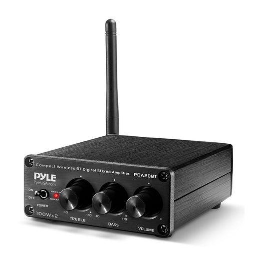 Pyle 2x100W Bluetooth HiFi Mini Audio Amplifier - Class D Stereo Receiver - Aluminum Diecast - for Desktop/PC - Wireless Streaming - Headphone Jack - PDA20BT