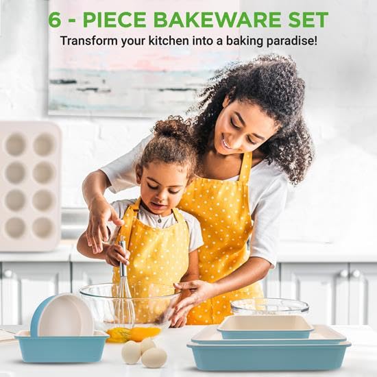 NutriChef 6-Piece Baking Pan Set, Carbon Steel Bakeware with Premium Ceramic Nonstick Coating, Includes 12-Cup Muffin Pan, Cake & Loaf Pan, Wide Bake Pan, & Cookie Sheet - Turquoise