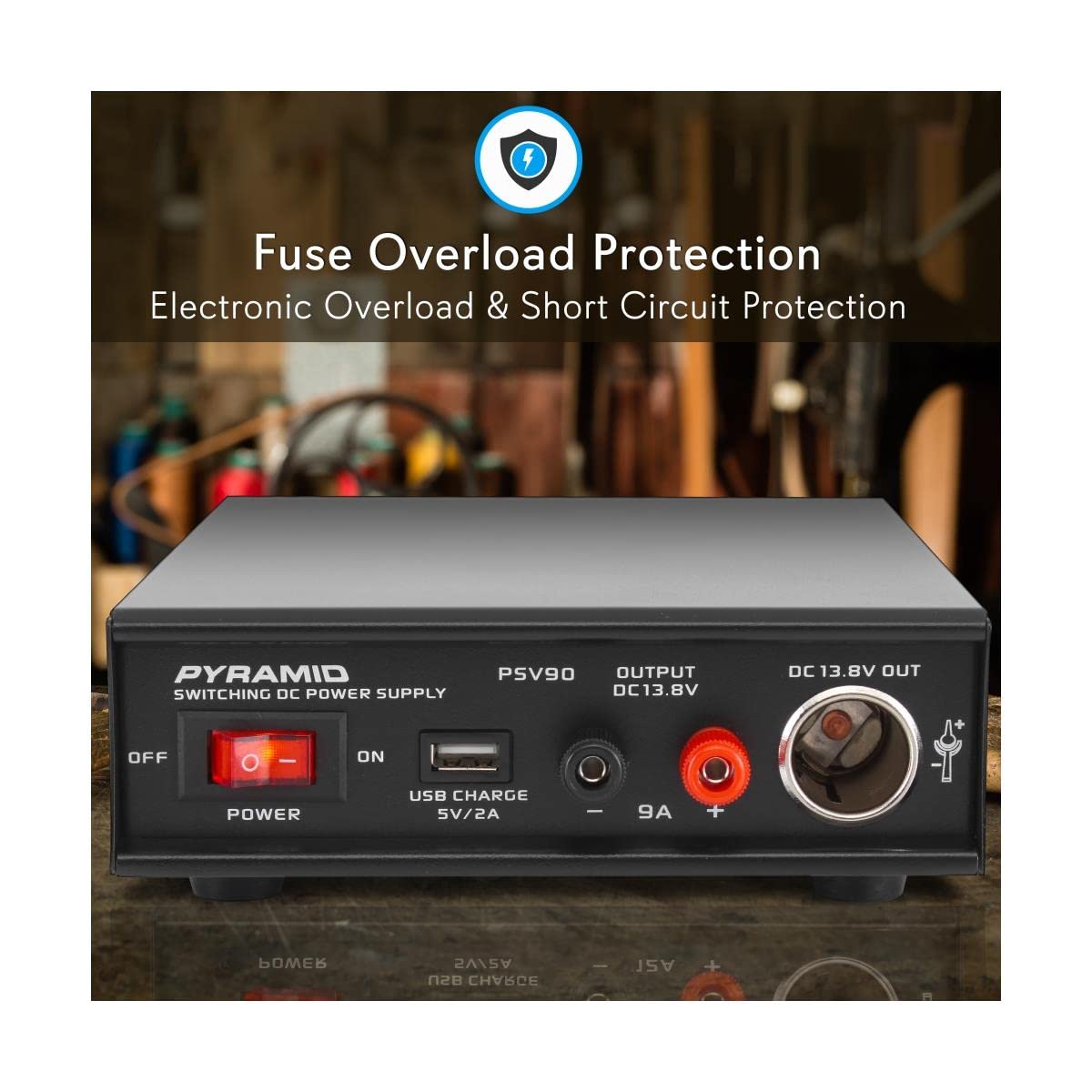 Pyramid Universal Compact Bench Power Supply - 9 Amp Regulated Home Lab Benchtop AC-DC Converter Power Supply for CB Radio, HAM w/ 13.8 Volt DC 115/230V AC Switchable, USB, Cigarette Lighter - PSV90