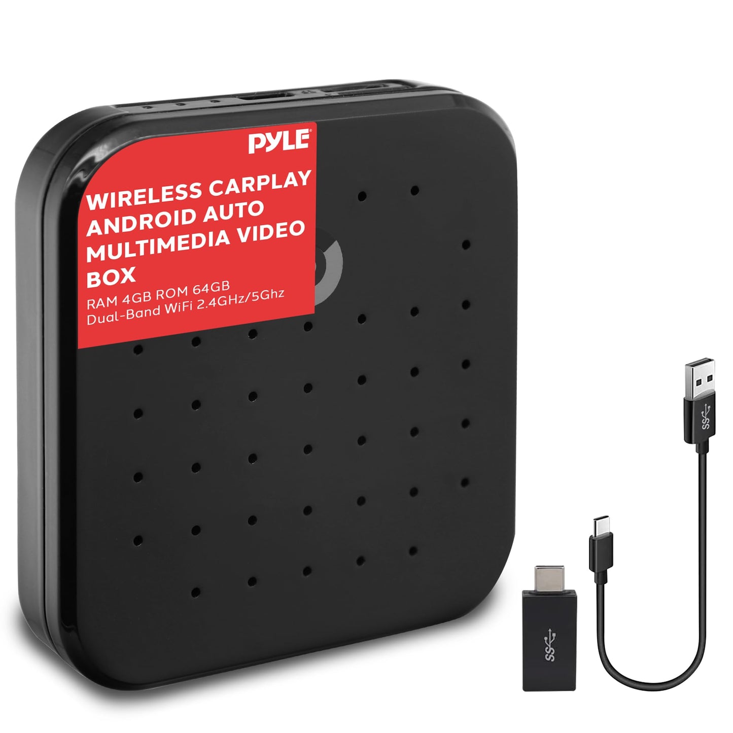 Pyle Wireless CarPlay & Android Auto Car Adapter – 4GB RAM 64GB ROM, Dual-Band WiFi, Octa-Core Processor, 4K HD, Screen Mirroring, USB3.0, Bluetooth, Supports Android Apps