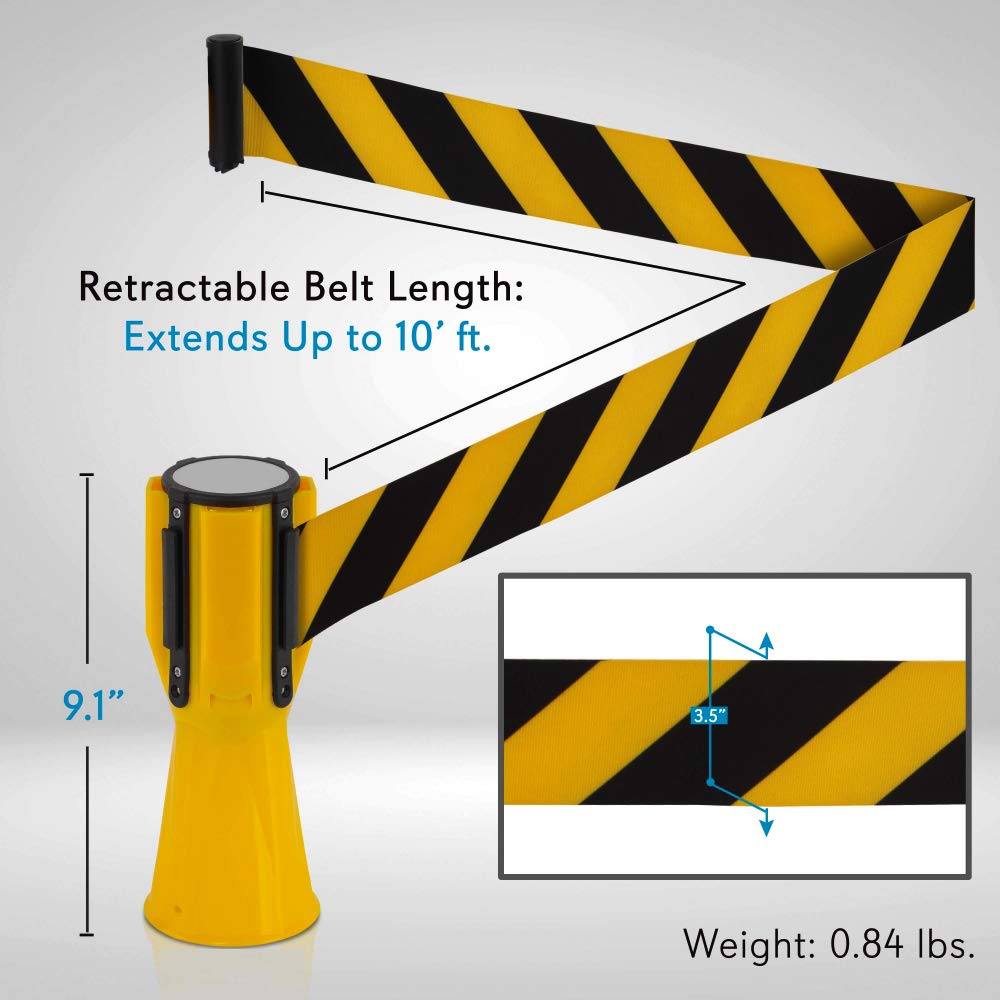 Pyle PCNTP16X4 4-Pc Traffic Cone Emergency Belt - Retractable Traffic Cone Hazard Warning Tape Barrier Belt, High-Visibility w/ Striped Bright Yellow Design, Marine-Grade Waterproof
