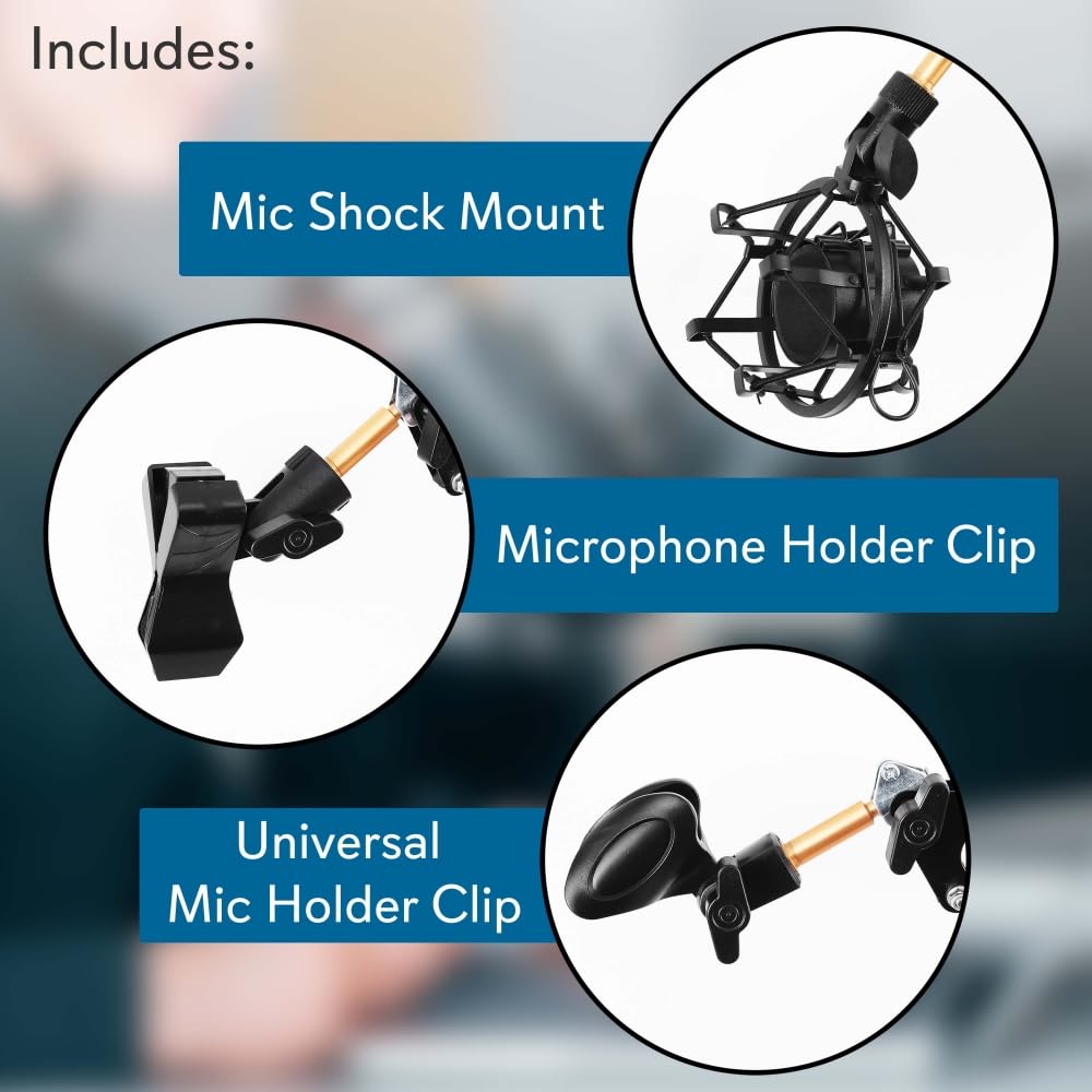 Pyle Suspension Microphone Boom Arm Stand, Adjustable Desktop Scissor Mic Stand with Shock Mount, 5/8-Inch Mic Adapter, XLR Audio Cable, Clamp Mount Base for Blue Yeti - Podcast, Radio & DJ Studio Use
