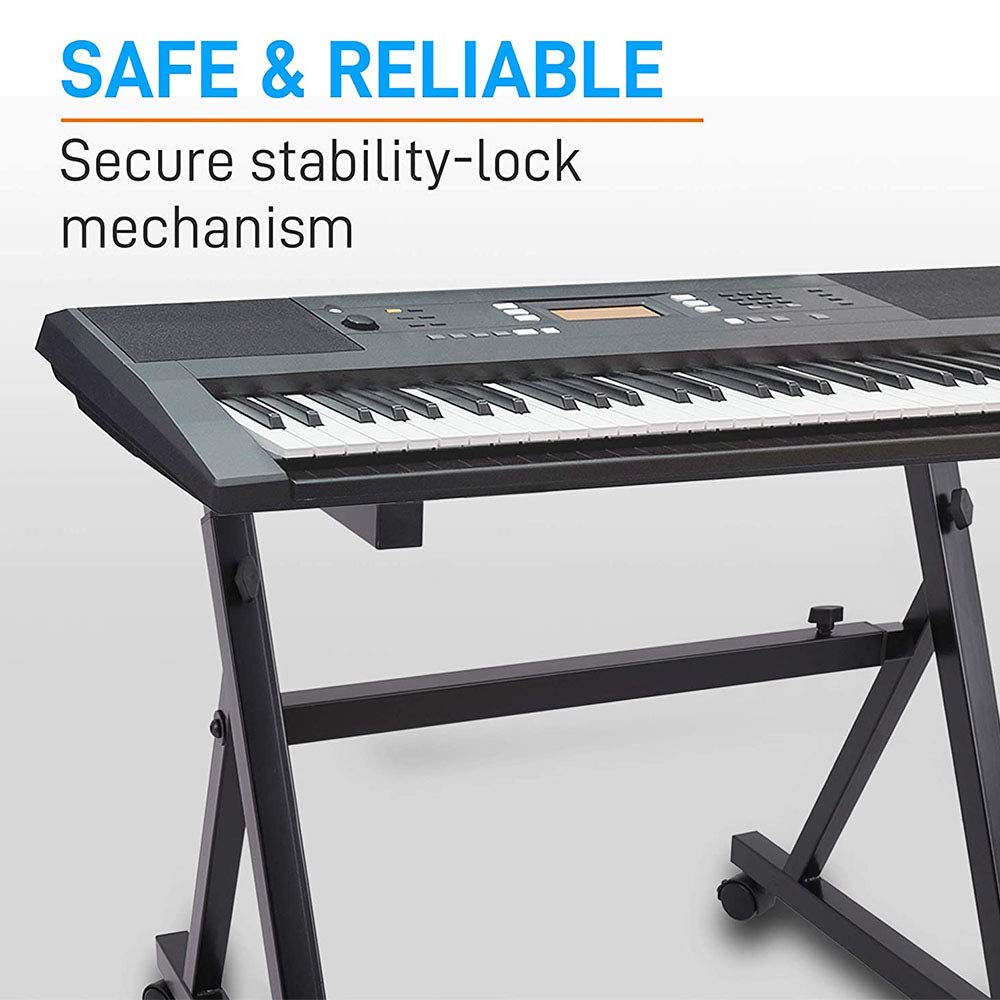 Pyle Port Universal Electronic Black Heavy-Duty Z Style Keyboard Organ Holder Rack Portable Piano Stand W/Adjustable Height and Width, Locking Wheels PKST48