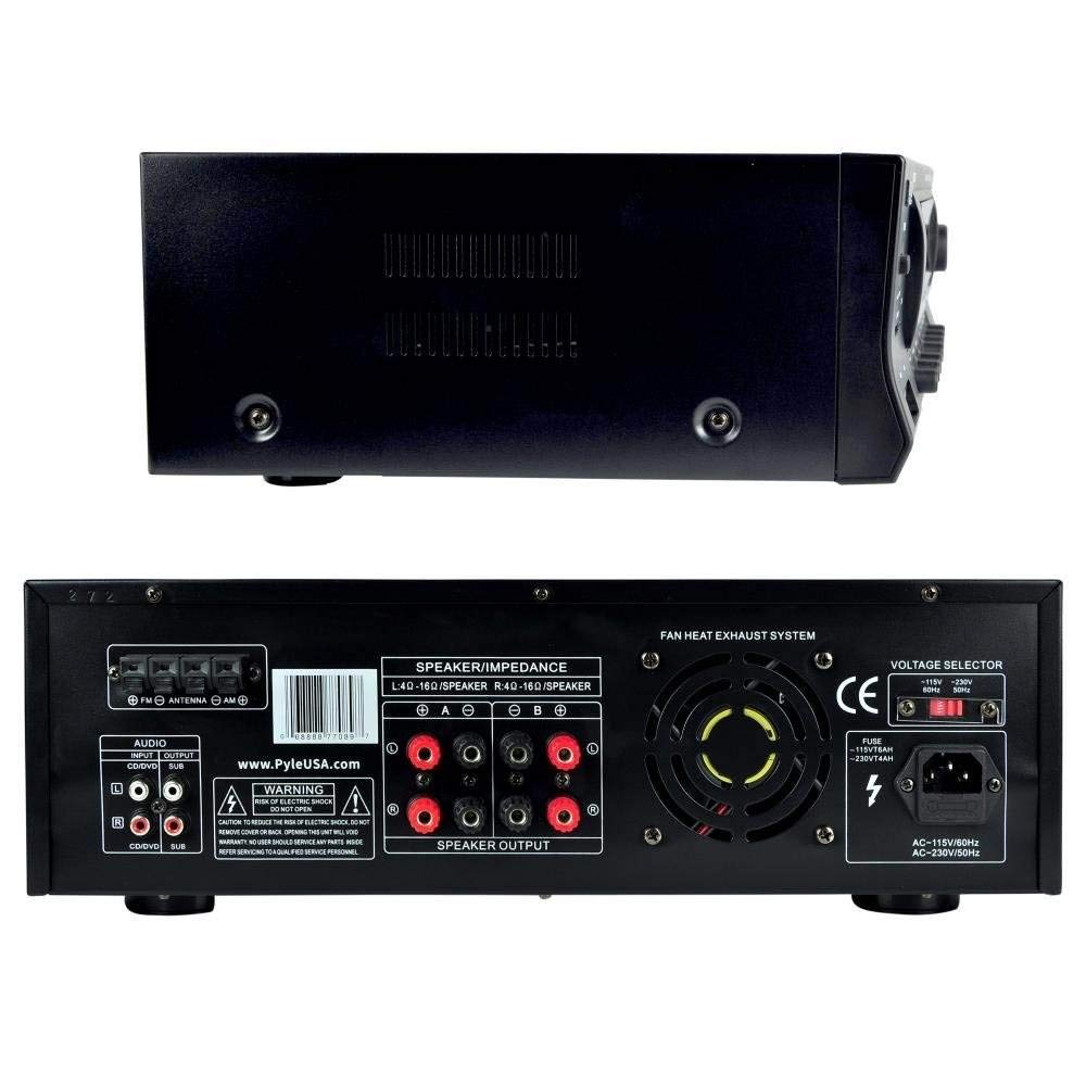 Pyle Wireless Bluetooth Audio Power Amplifier - 300W 4 Channel Home Theater Stereo Receiver with USB, AM FM, 2 Mic IN with Echo, RCA, LED, Speaker Selector, For Studio, Home Use, Black - PT272AUBT