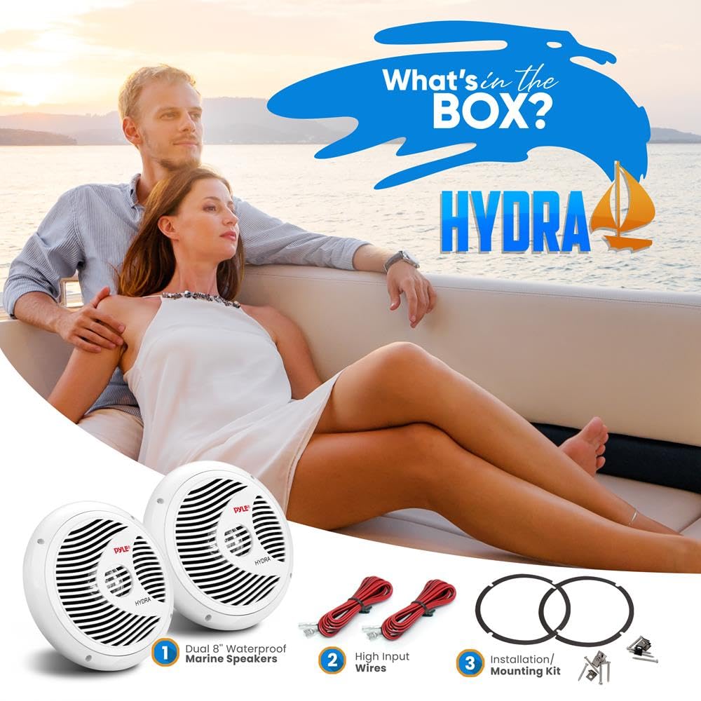 Pyle Marine Speakers, Boat Speakers, Marine Speaker, 8" 180W Waterproof, 4 Ohm, PP Cone, Rubber Surround, 1.5" Voice Coil, 20 Oz Magnet, White, Includes Speaker Wire & Mounting Hardware