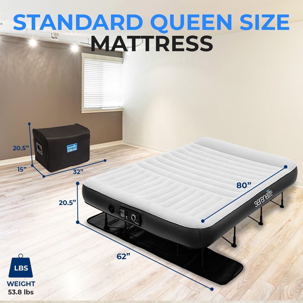 SereneLife Inflatable Air Bed with Frame - Auto Inflating Air Mattress with Built-in Pump, Memory Foam Cover, Self-Deploying Frame, Ideal for Guests, Camping & RV, Easy Carry Case, Queen 80" x 62"