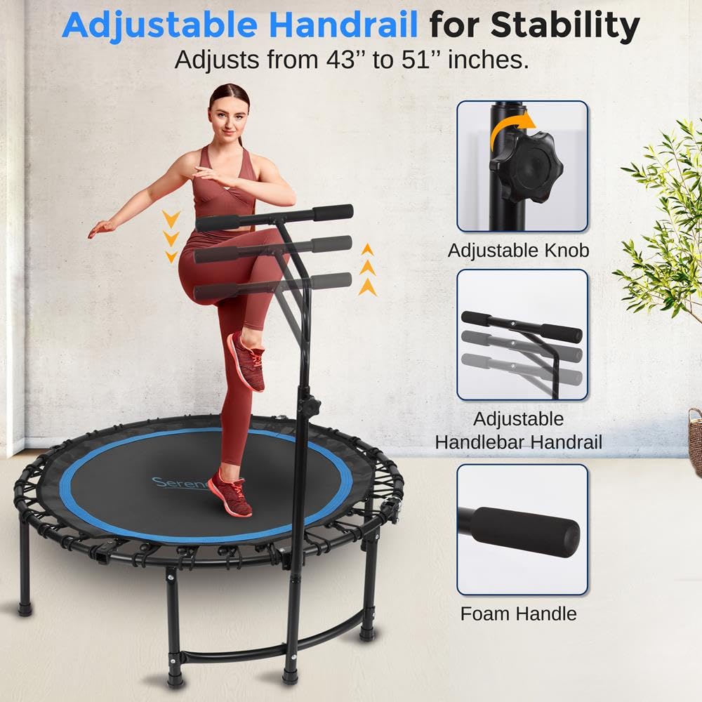 SereneLife 40/48" Foldable Mini Trampoline - Compact Fitness Trampoline for Kids Adults, Exercise Bungee Rebounder with Adjustable Foam Handle, Indoor/Garden Workout Equipment, Max Load 264 lbs