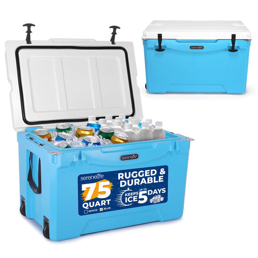 SereneLife Ultra-Tough 75 Quart Rotomolded Cooler Box with Wheels, Holds Upto 104 Cans, Keeps Ice Up to 5 Days, Heavy-Duty Insulated Portable Ice Chest Box, Ideal for Camping, Beach, and Outdoors