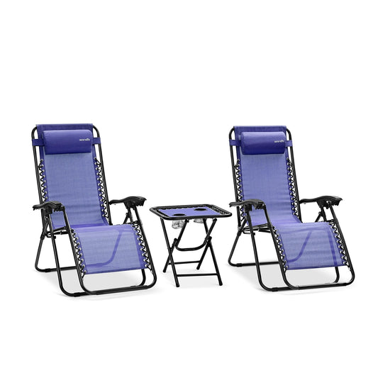 SereneLife Zero Gravity Chairs Set of 2 - Adjustable Outdoor Lounge Chairs with Side Table, Cup Holders, Removable Pillows, Folding Portable Camping Chairs for Patio, Backyard, Beach - Blue