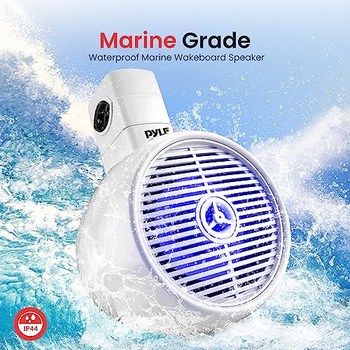 Pyle Bluetooth Waterproof Off-Road Speakers - 8” 300W 2-Way Marine Wakeboard Tower Sound System w/LED Light, Full Range Outdoor Stereo Speaker for Car ATV UTV, Jeep, Boat, Includes Brackets (White)