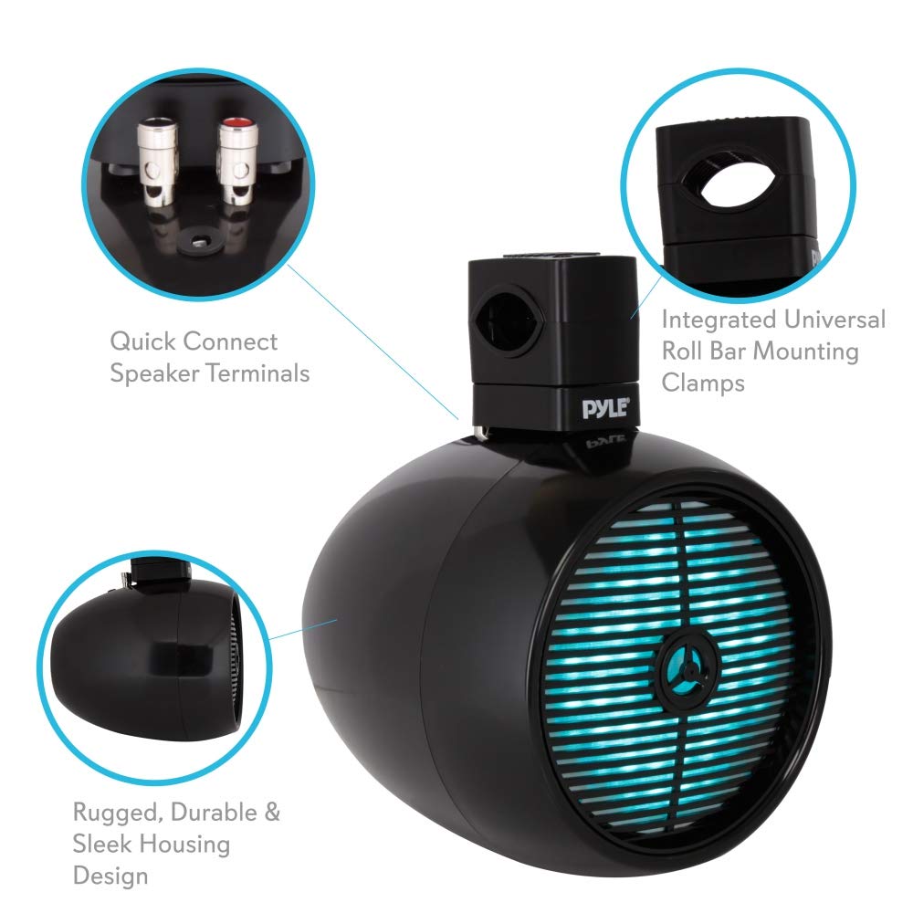 Pyle Marine Speakers - 8 Inch Waterproof IP44 Rated Wakeboard Tower and Weather Resistant Outdoor Audio Stereo Sound System with Built-in LED Lights - 1 Pair in Black (PLMRWB858LE)