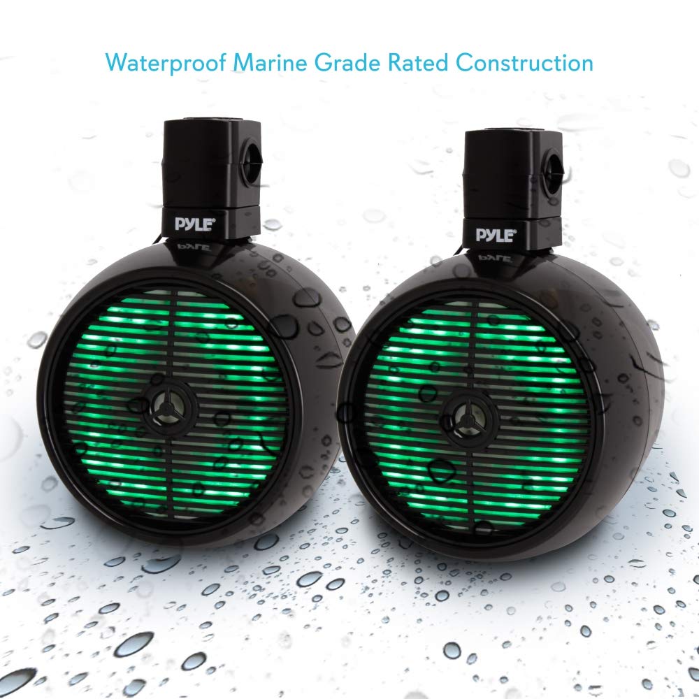 Pyle Marine Speakers - 8 Inch Waterproof IP44 Rated Wakeboard Tower and Weather Resistant Outdoor Audio Stereo Sound System with Built-in LED Lights - 1 Pair in Black (PLMRWB858LE)