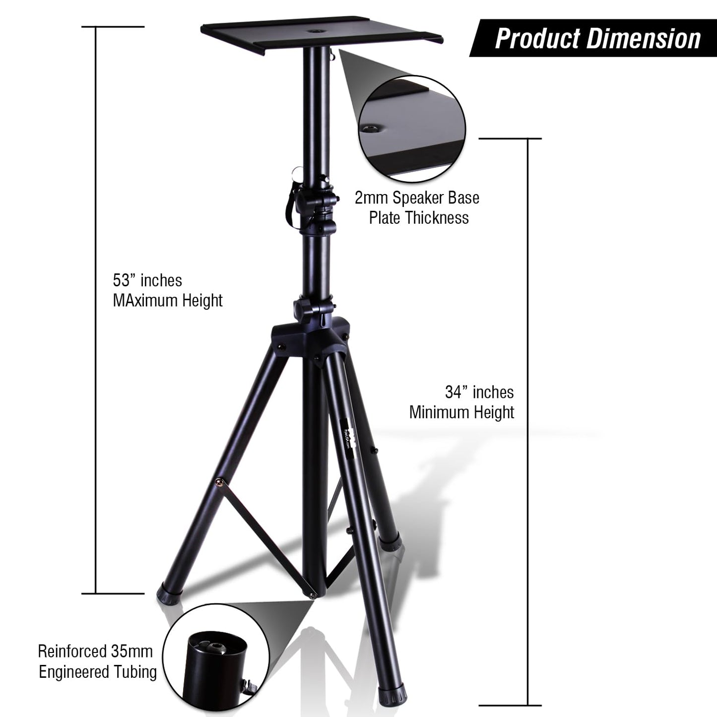 Pyle Adjustable Speaker Stand Pair – Dual Studio Monitor Tripod with Metal Base, Anti-Slip Speaker Pads, Height Adjustment from 34” to 53” – Ideal for Home, Studio, and DJ Use, 90 lbs Weight Capacity