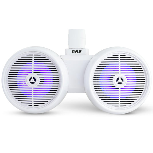 Pyle Dual Waterproof Off-Road Speakers - 8" 300W 2-Way Marine Wakeboard Tower Sound System w/LED Light, Full Range Outdoor Stereo Speaker for Car, ATV, UTV, Jeep, Boat, Includes Brackets (White)