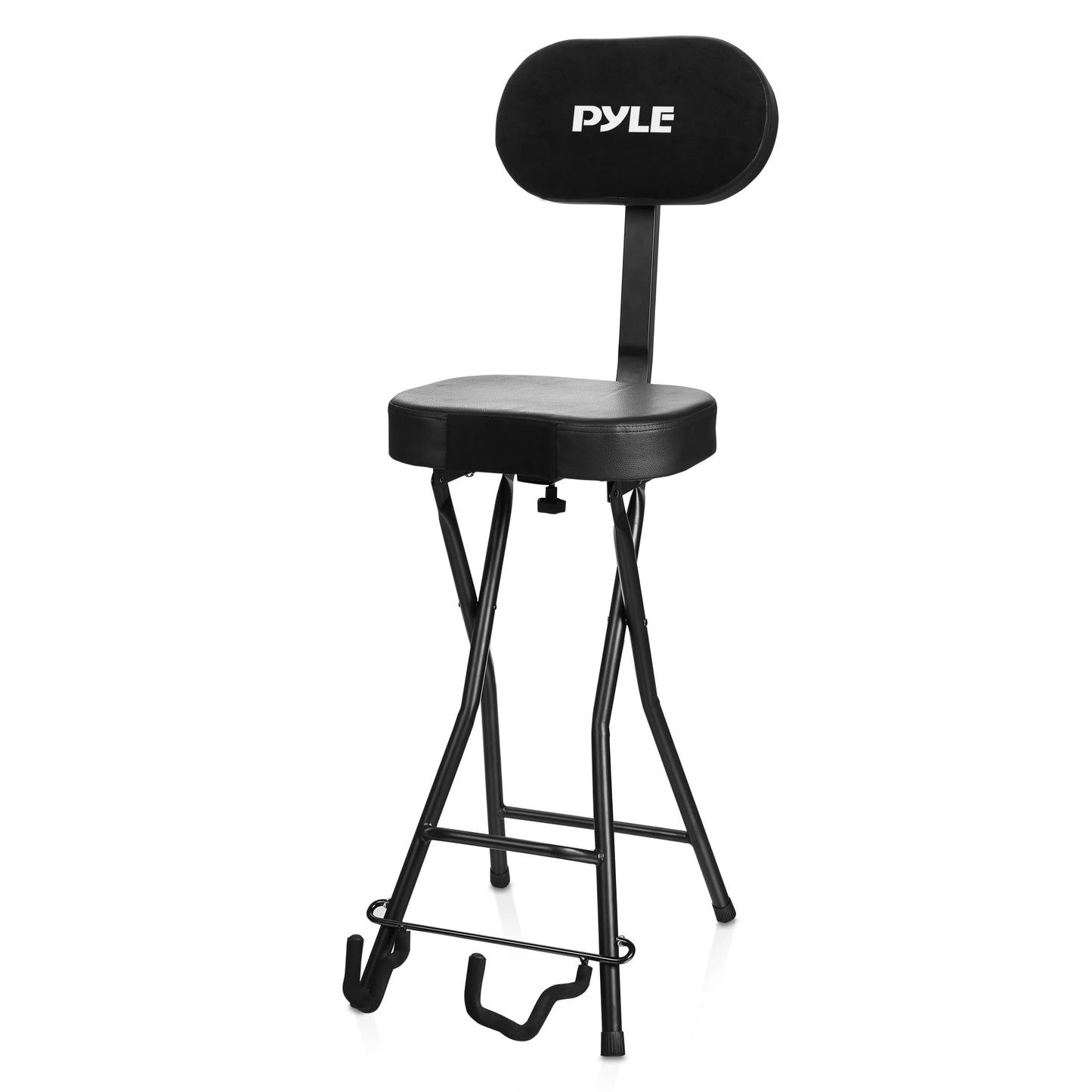Pyle Adjustable Guitar Seat with Built-In Stand, EVA Foam Padded Cradles, Removable Backrest, Non-Slip Rubber Feet, Collapsible Design – Fits Acoustic, Electric & Bass Guitars – 300 lbs Capacity