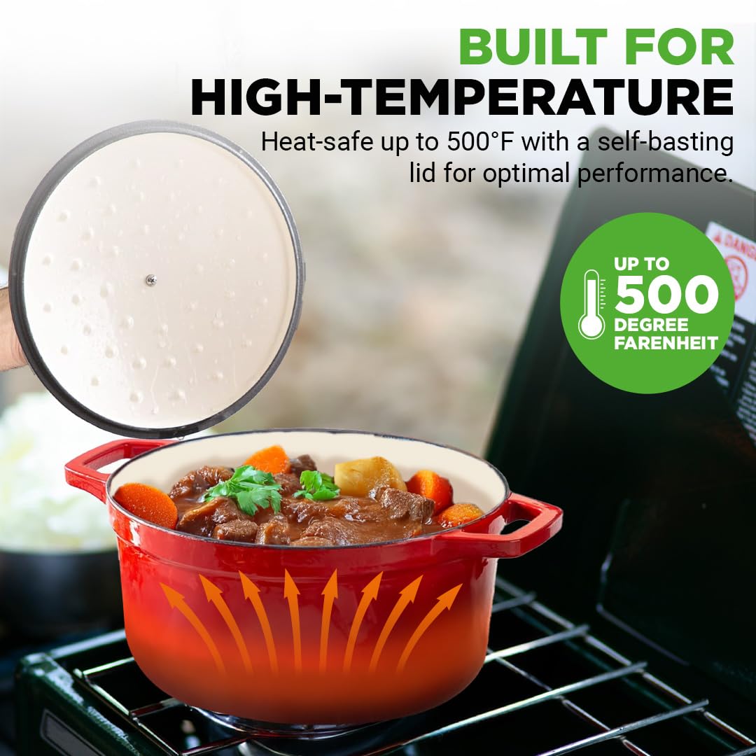 NutriChef Enameled Cast Iron Dutch Oven-5-Quart Kitchen Round Dutch Oven Stovetop Casserole Cookware, Porcelain Enamel Coated Cast-Iron Baking Pots w/ Self Basting Lid-NCCIEC45(Red),Medium