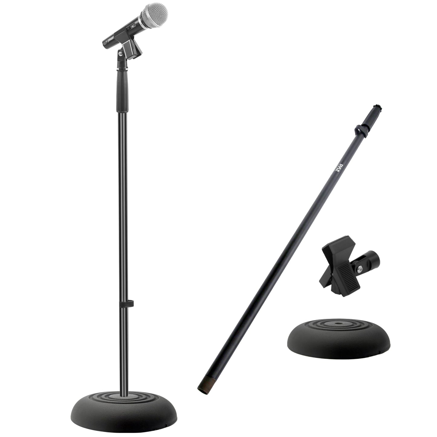 Pyle Adjustable Microphone Stand - Universal Mic Stand with Compact Heavy Base, Floor Standing Design, Height Adjustable, Pivot Angle Clip for Singing & Recording (2.8’ - 5’ ft., 9.8” Base Diameter)