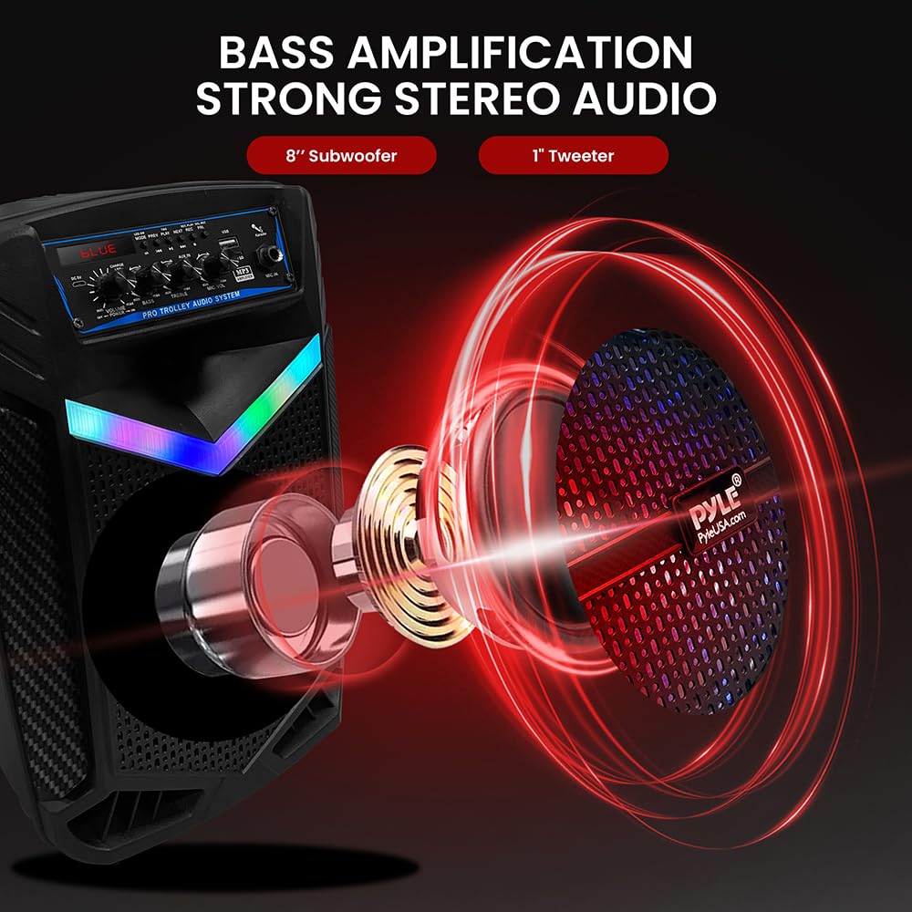 Pyle 400W Rechargeable Outdoor Bluetooth Speaker Portable PA System w/ 8” Subwoofer 1” Tweeter, Recording Function, Mic In, Party Lights USB/SD, Radio - Pyle PPHP842B, BLACK